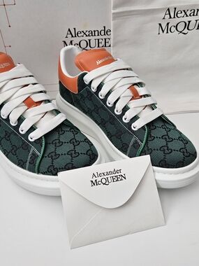 Alexander McQUEEN Green Monogram Low-Top Sneakers with Orange Accent